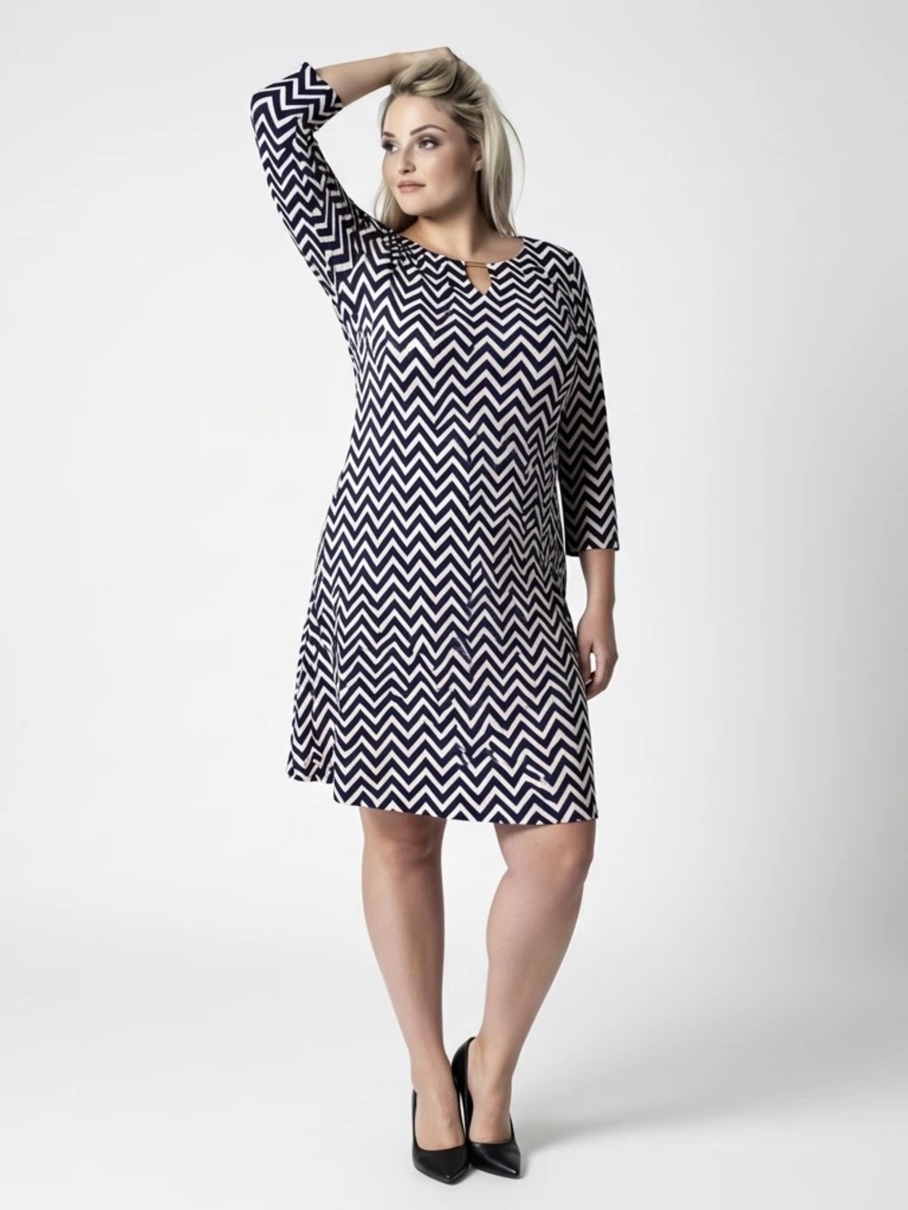 Tacera Navy White Chevron 3/4 Sleeve V-Neck Dress Womens XL Gold Collar